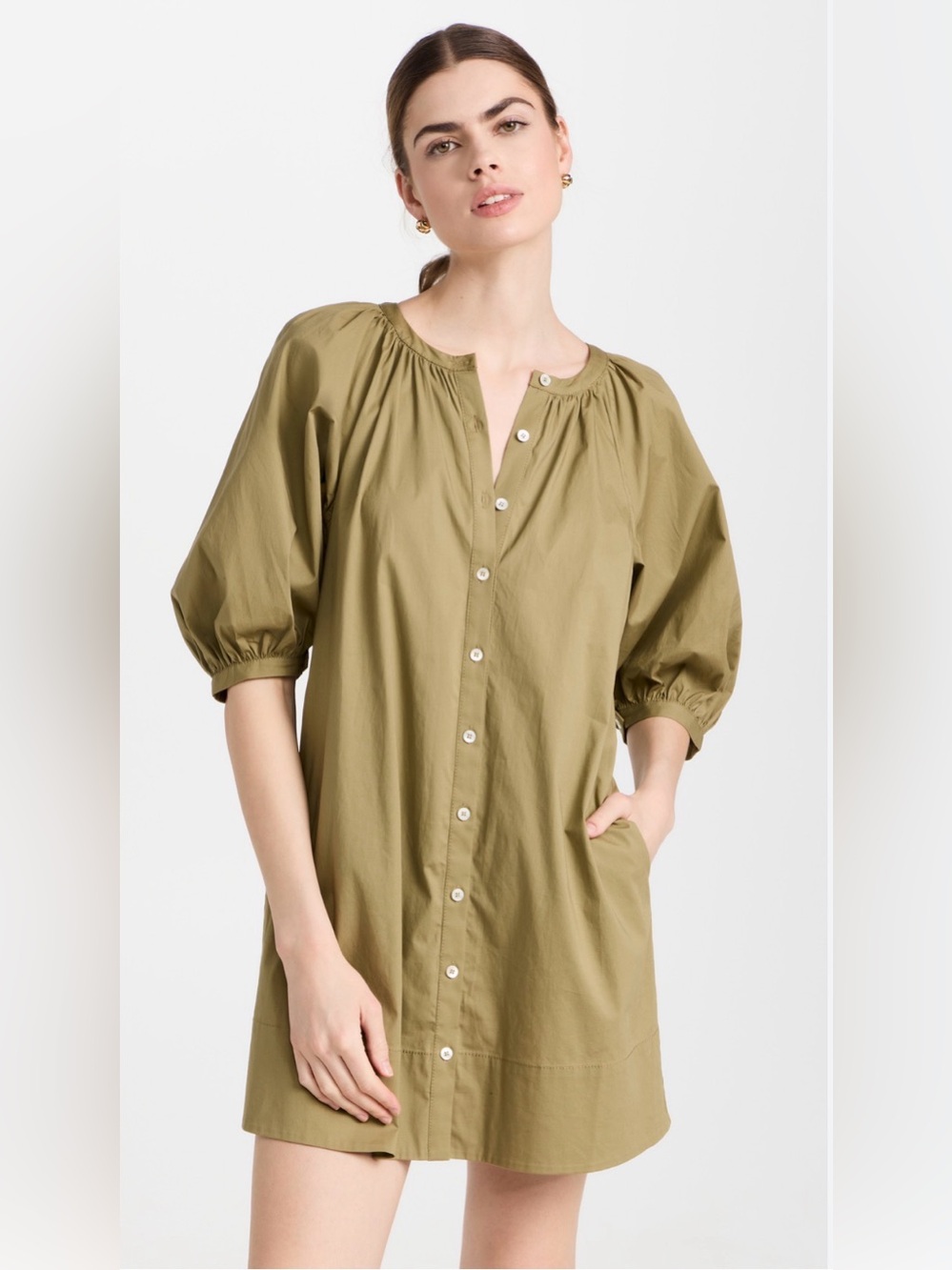 STAUD Vincent button down cottage-core coastal cotton mini dress khaki Small